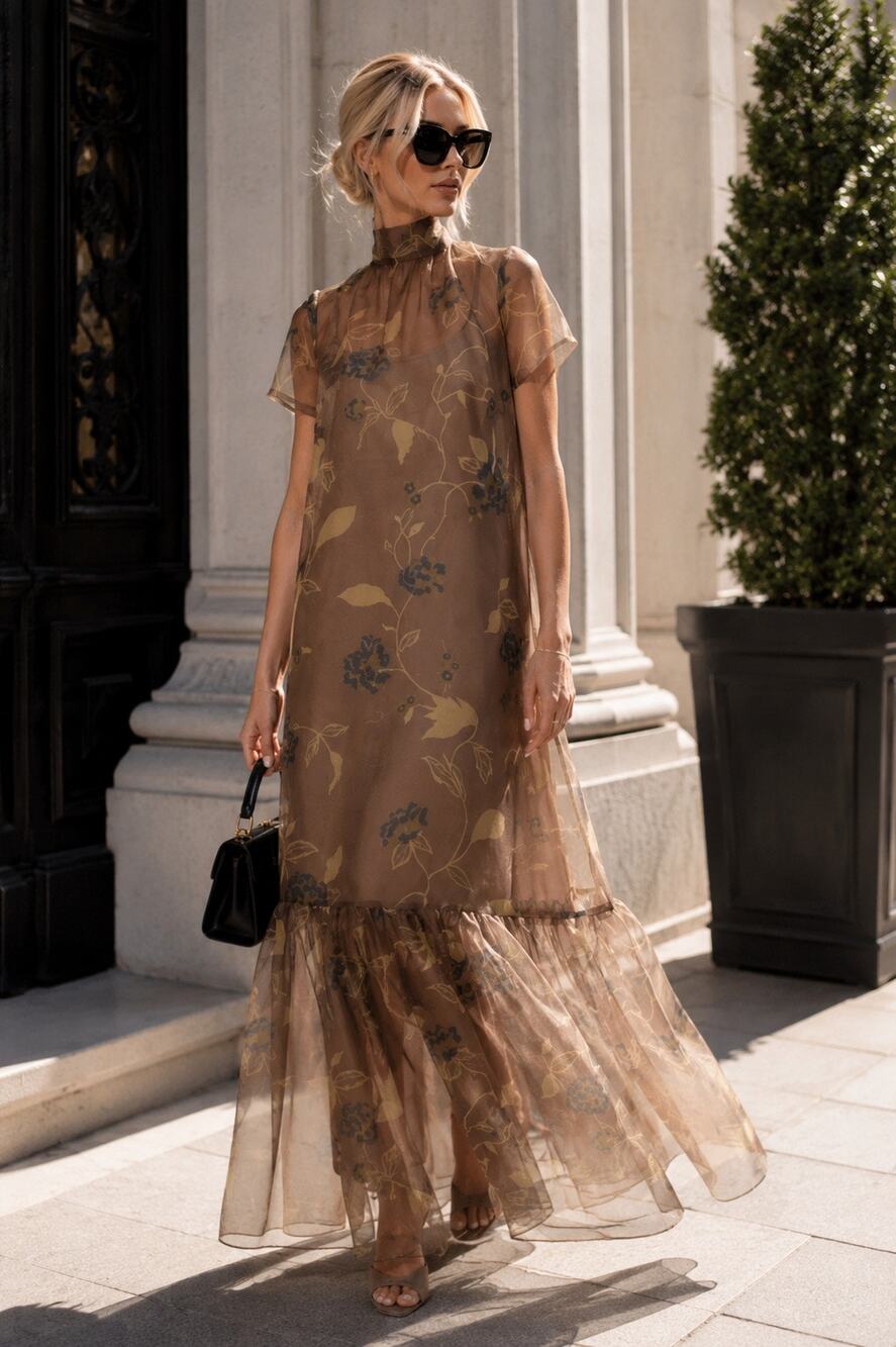 STAUD Brown Floral Oversized Neck Tie At Back Calluna Floral Organza Dress sz XS